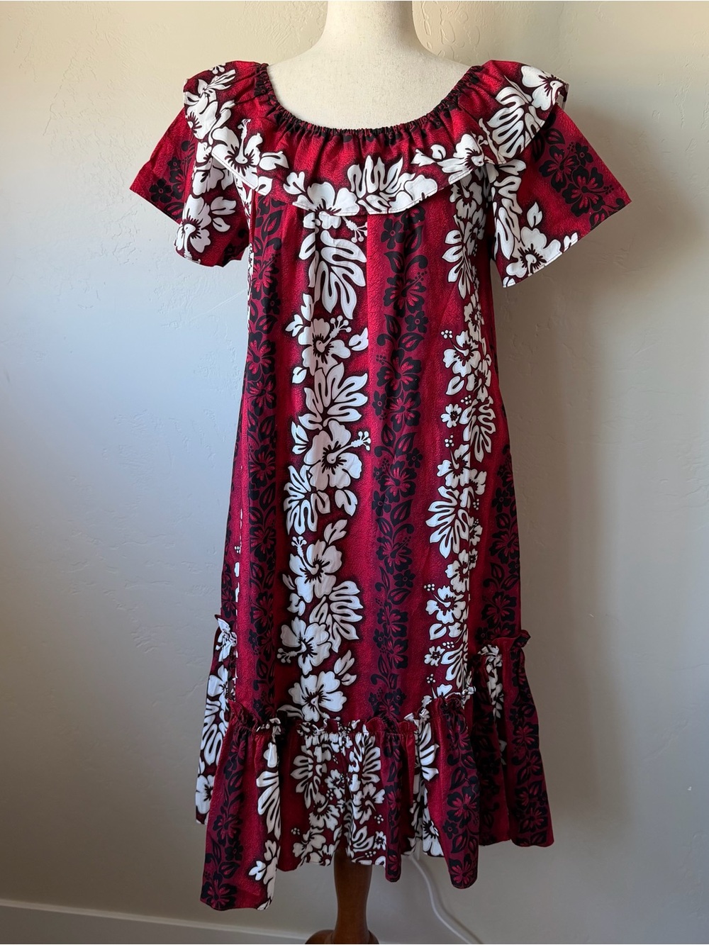 Royal Hawaiian Creations red floral midi dress with ruffle neckline and elastic